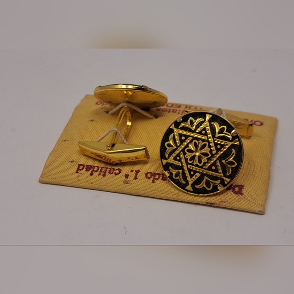 Vintage Men's Cufflinks 24 Karat Fine Gold 70s Spain Star Filigree Black Gold - Picture 5 of 13